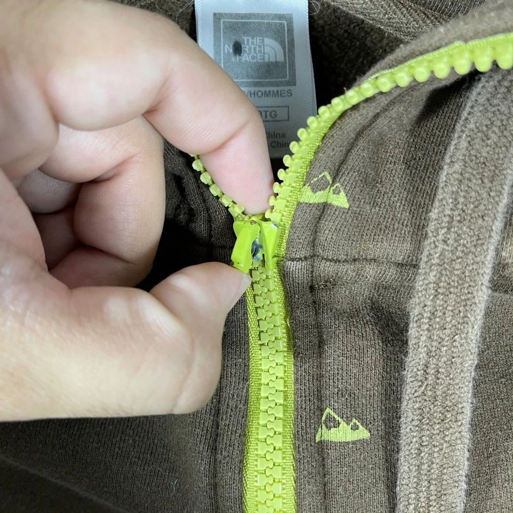 The North Face Hoodie Mens 3XL Brown All Over Print Full Zip Neon Green